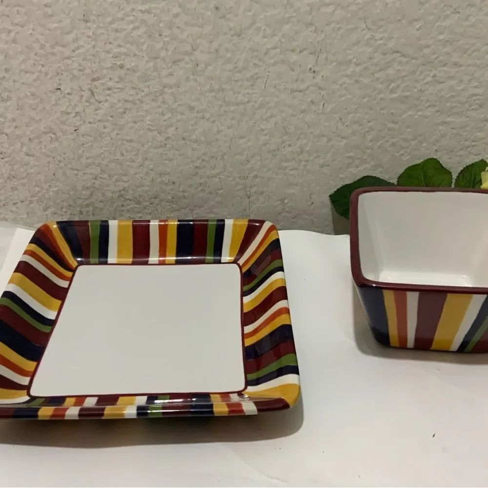 Simple Addi+ions By Pampered Chef Striped Set Square Plate 7 1/2 and Bowl 4 1/2